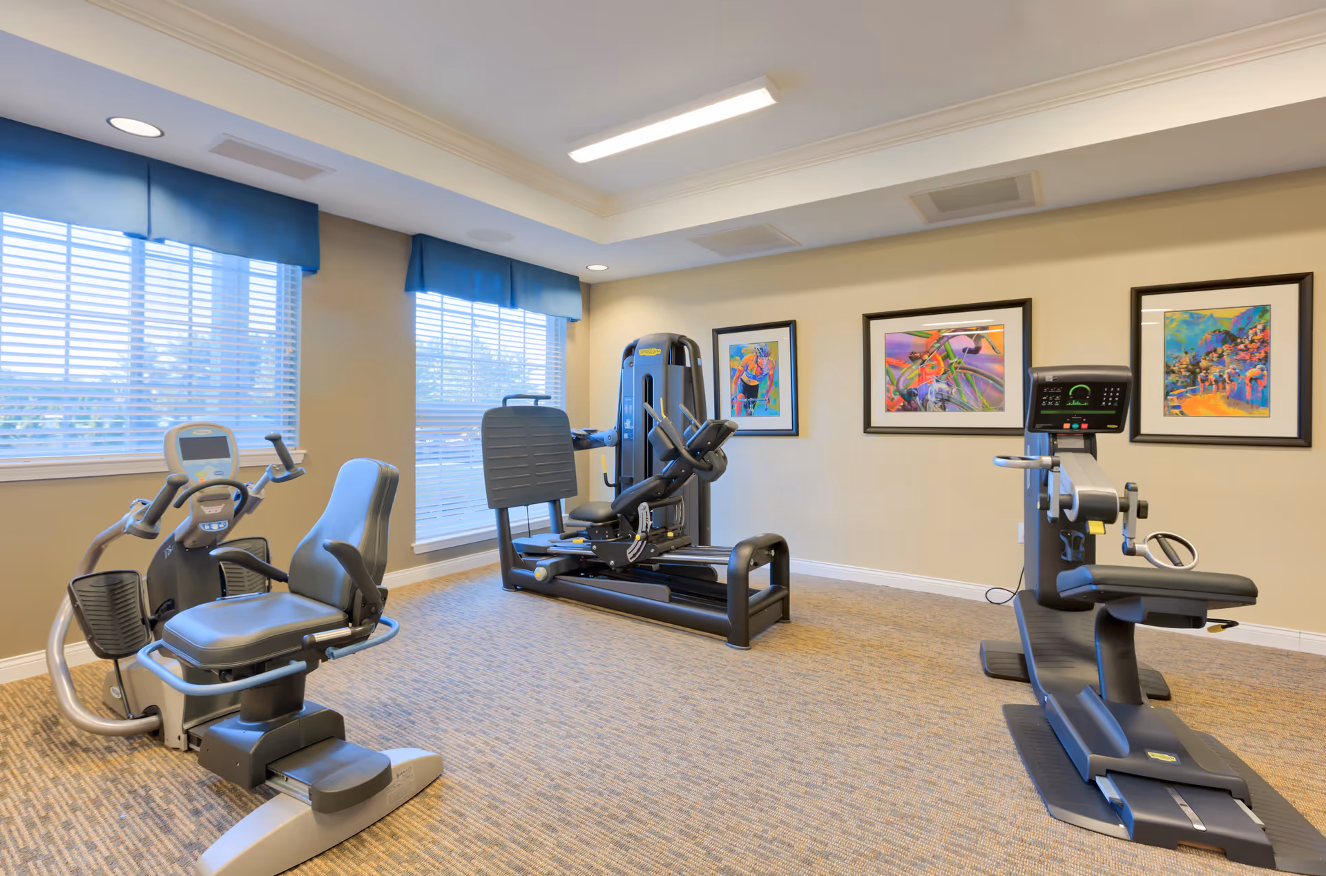 A small fitness room with three pieces of exercise equipment including a recumbent bike, a leg press machine, and a rowing machine. The room has beige walls, carpeted floor, two large windows with blue valances, and three colorful framed artworks on the wall.
