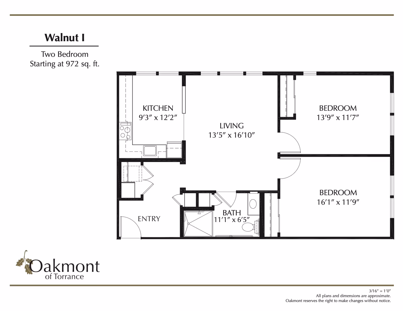 Floor plan of Walnut I two-bedroom apartment at Oakmont of Torrance, showing a kitchen, living room, two bedrooms, a bathroom, and an entry area with dimensions for each room.