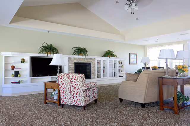 A spacious living room area with a patterned carpet, a beige sofa, and a patterned armchair. There is a wooden side table with a lamp and plants. The room features a built-in white entertainment center with a flat-screen TV, decorative plants, and a fireplace with a stone surround. Large windows allow natural light to fill the space.