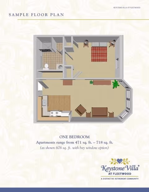 Sample floor plan of a one-bedroom apartment at Keystone Villa at Fleetwood, showing a layout with a bedroom, bathroom, kitchen, and living area with bay window option.