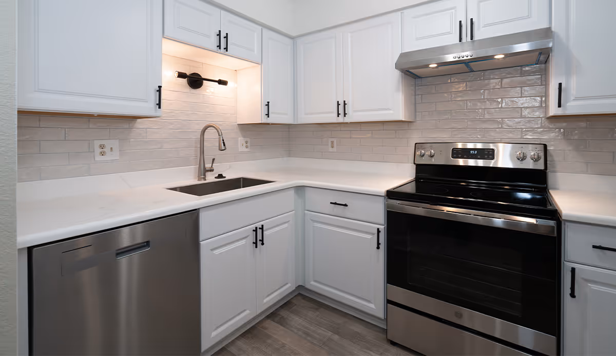 Modern kitchen with white cabinets, stainless steel dishwasher and oven, a sink with a faucet under a cabinet light, and a tiled backsplash.