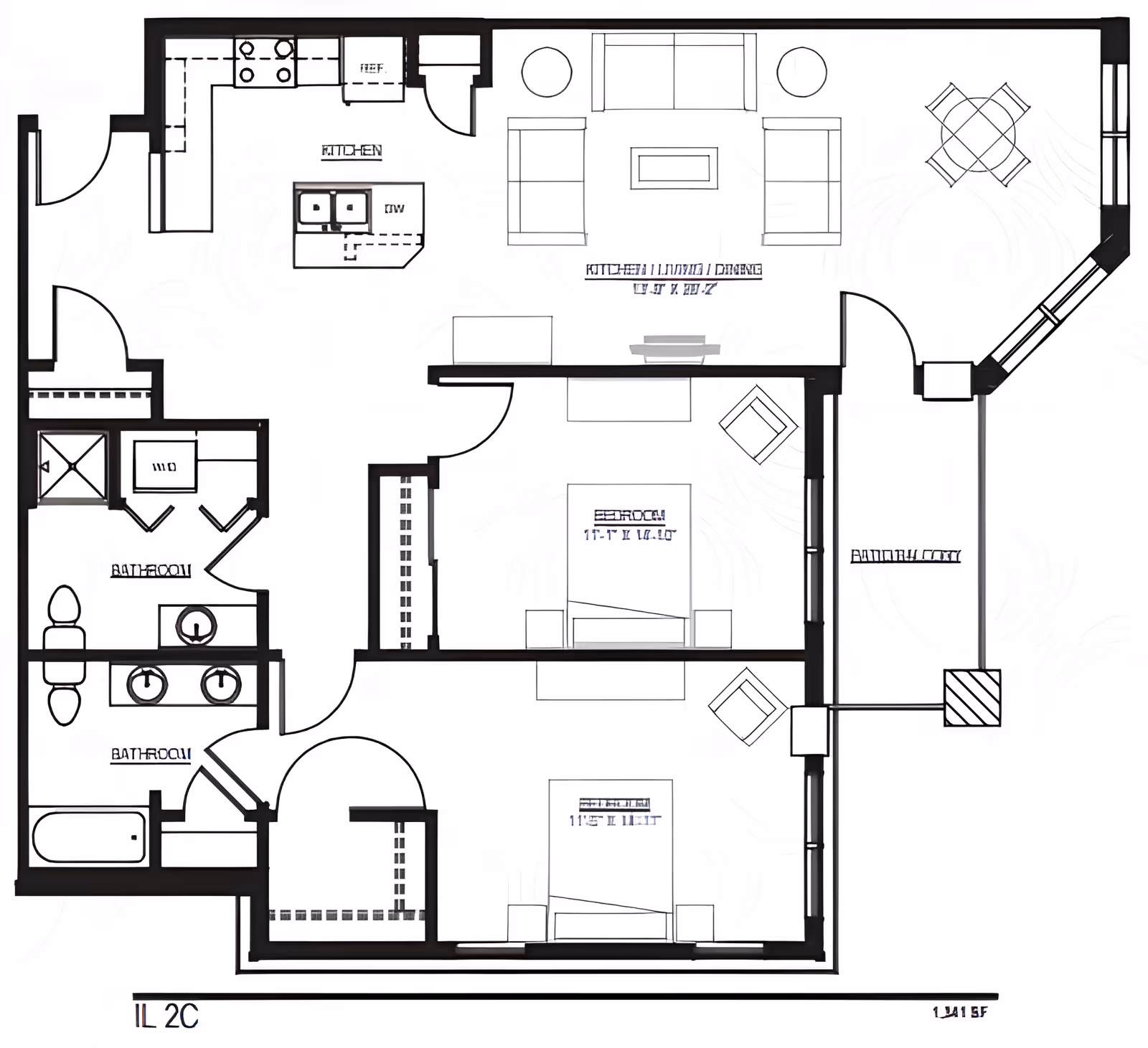 Architectural floor plan of a senior living unit at Aspire Senior Living Kimberly, showing two bedrooms, two bathrooms, a kitchen, living and dining area, and a balcony or patio.