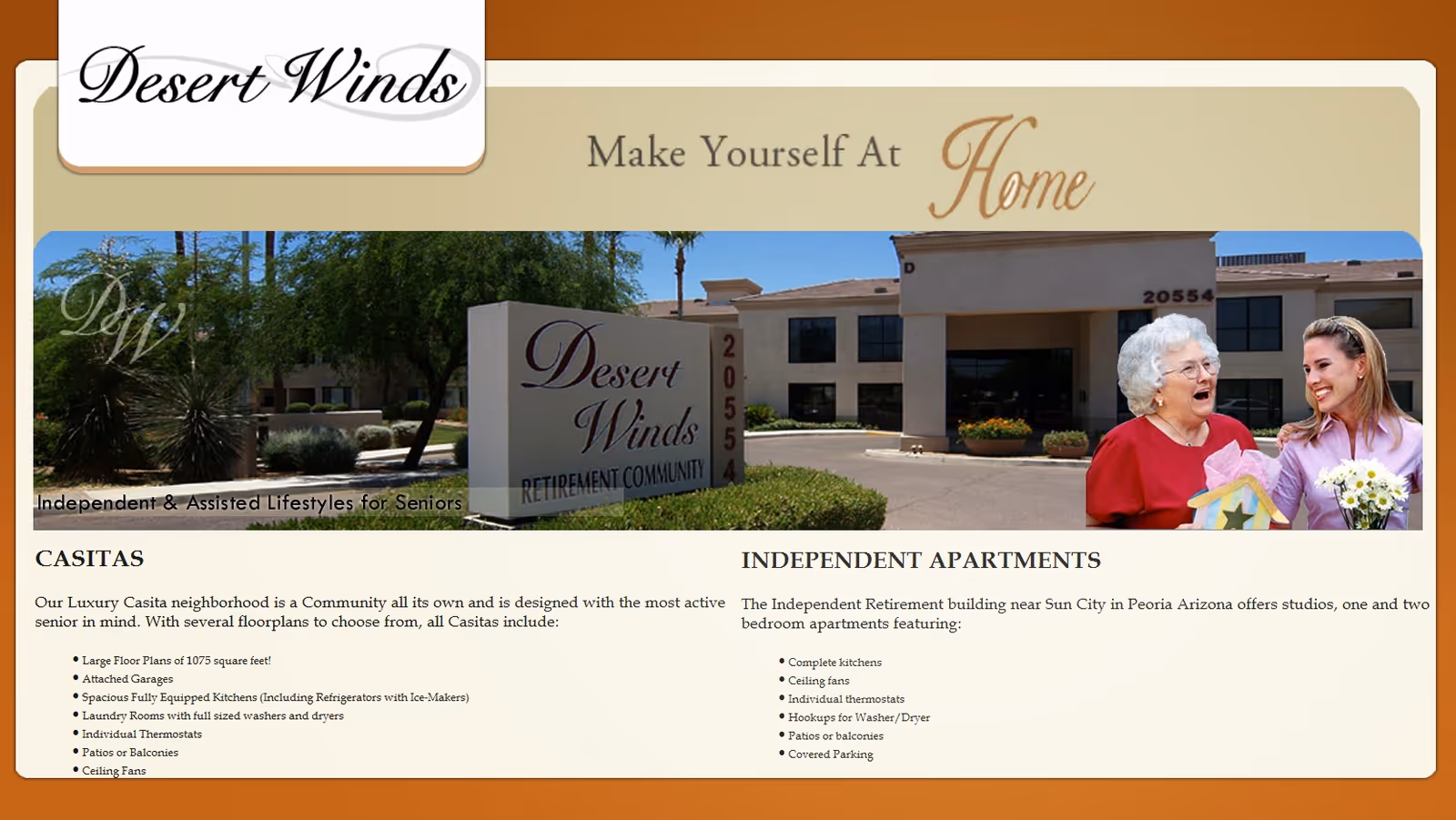 Brochure-style image showing the Desert Winds retirement community entrance and sign with two smiling women in the foreground.