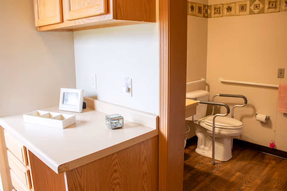 A corner view of a senior living facility bathroom with wooden cabinets and a countertop on the left side. The bathroom features a toilet with safety rails, a toilet paper holder, a pink towel hanging on the wall, and a decorative border near the ceiling.