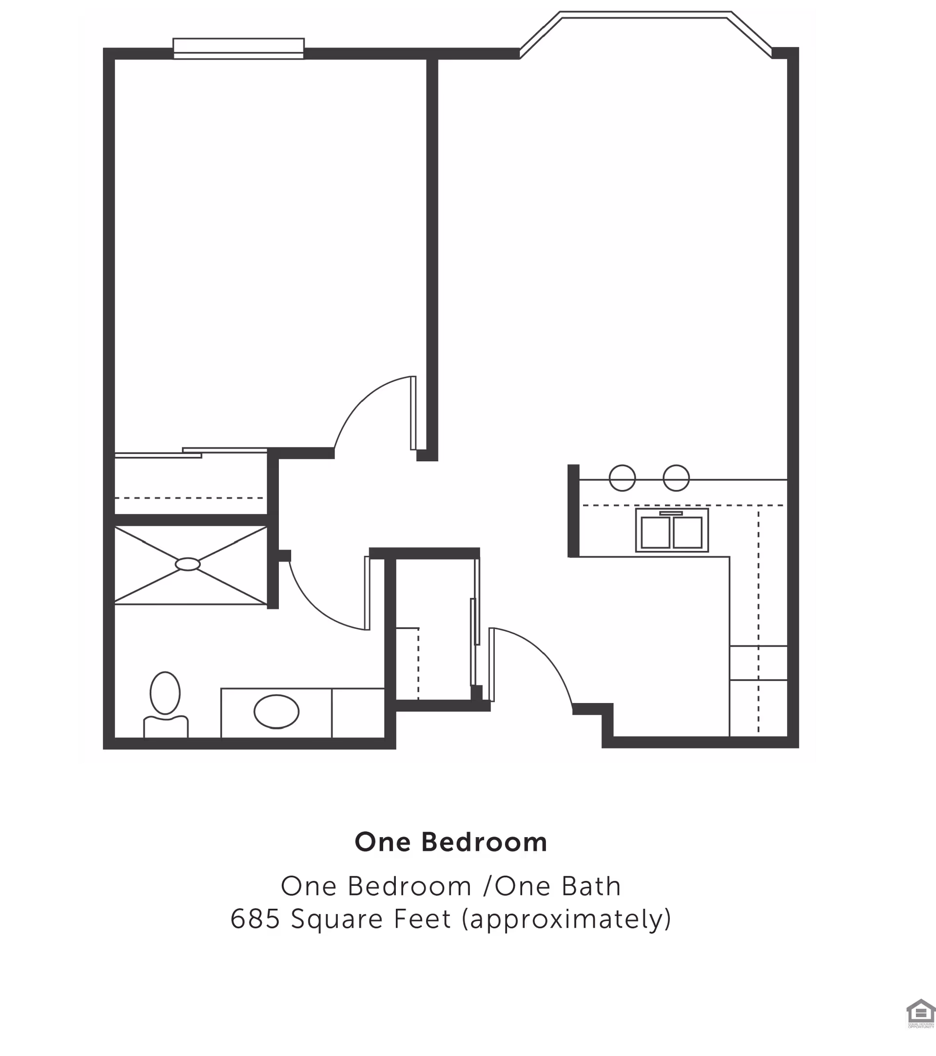 Floor plan of a one-bedroom, one-bath apartment with approximately 685 square feet. The layout includes a bedroom, bathroom, kitchen area with a sink and counter, and a living space.
