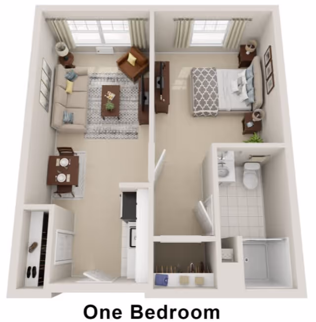 3D floor plan of a one-bedroom apartment featuring a living room with a sofa, armchair, coffee table, and TV stand, a dining area with a table and two chairs, a kitchen with appliances, a bedroom with a bed and nightstands, and a bathroom with a toilet, sink, and shower.