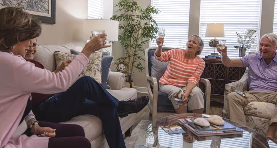 Four elderly people sitting in a living room, smiling and raising their glasses in a toast. The room has a sofa, armchairs, a glass coffee table with books and decorative items, a lamp, and plants near the windows with blinds.