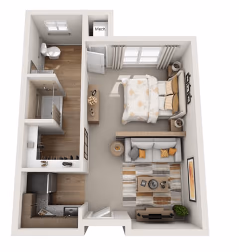 3D floor plan of a small apartment featuring a bedroom with a bed, nightstands, and a dresser, a living area with a sofa, coffee table, and TV stand, a kitchen with appliances and cabinets, and a bathroom with a toilet and shower.