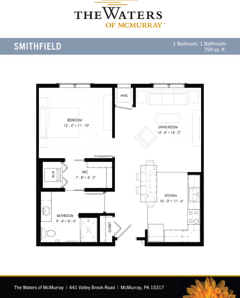 Floor plan layout of a one-bedroom, one-bathroom apartment named Smithfield at The Waters of McMurray. The plan includes labeled areas for bedroom, living room, kitchen, bathroom, walk-in closet (WIC), HVAC, and closet with dimensions provided for each room.