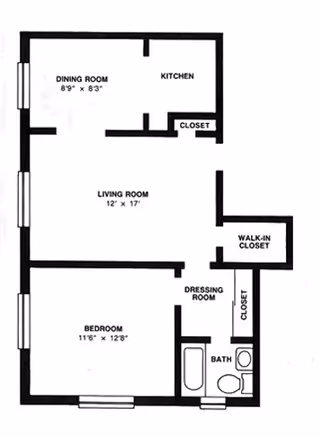 Black and white architectural floor plan of an apartment unit at Tower Grove Manor showing a dining room, kitchen, living room, bedroom, dressing room, bathroom, walk-in closet, and closets with dimensions labeled.