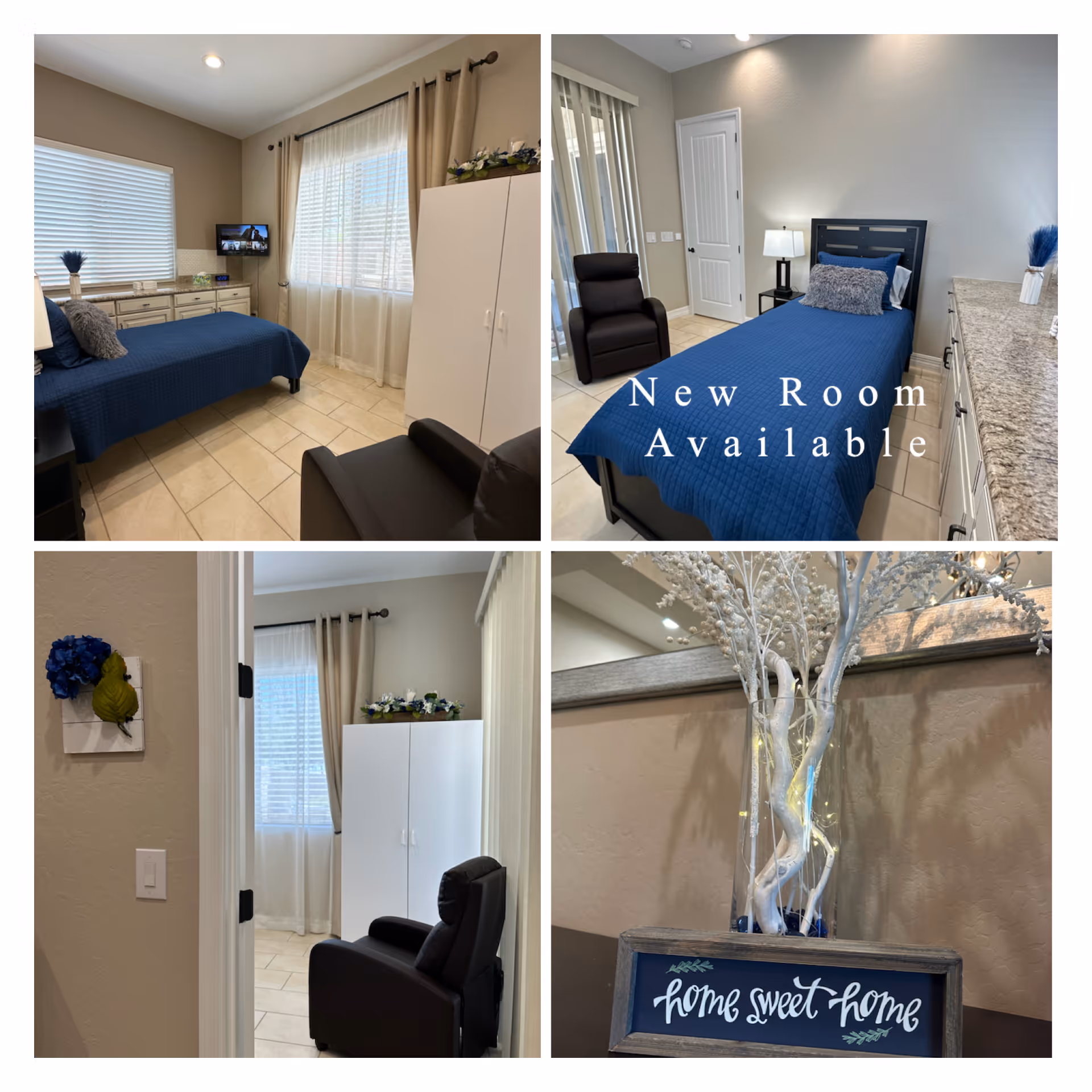 Collage of four images showing a senior living facility room with a single bed covered in a blue quilt, a black recliner chair, a white wardrobe, a small TV mounted on the wall, beige tiled floor, and beige walls with windows covered by sheer curtains. One image shows a decorative sign that reads 'home sweet home' with white branches in a vase behind it. Another image has text overlay 'New Room Available'.
