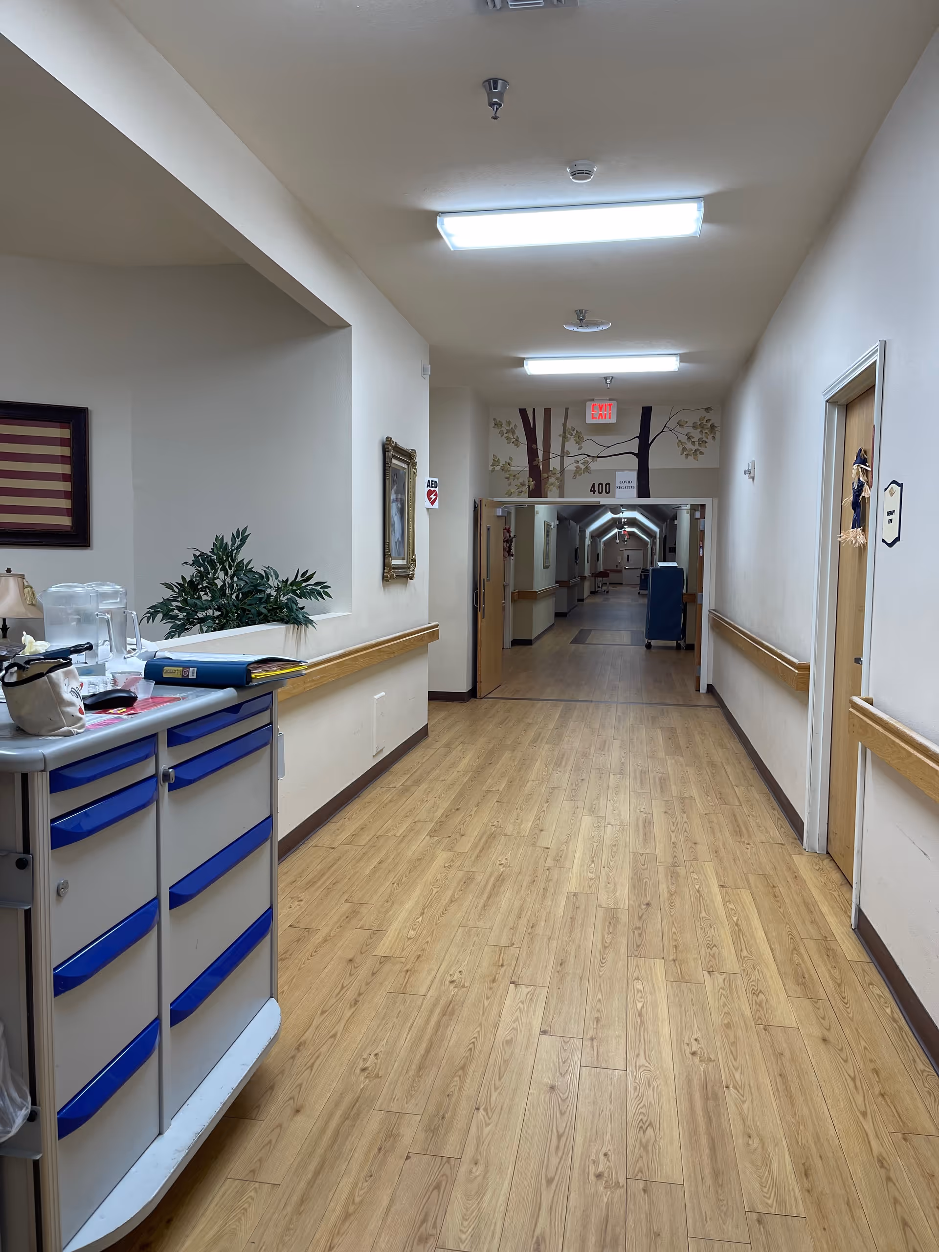 Long hospital-style hallway in Autumn Leaves Nursing Home with a medical cart and plants.