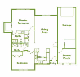 Floor plan of a residential unit showing a master bedroom with attached bath, a second bedroom, a second bath, a living area, a kitchen, an entryway, a garage, and a screen porch.