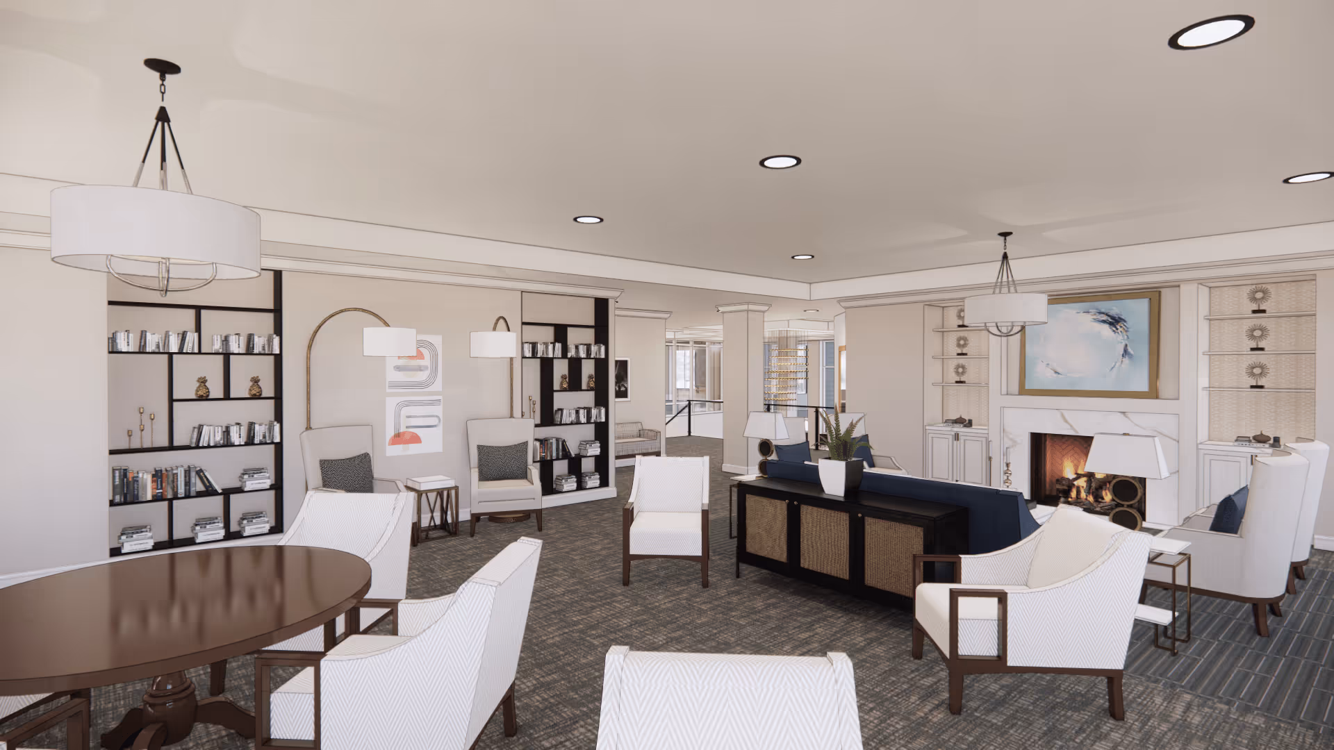 A spacious and elegantly furnished living room area with multiple armchairs and a round wooden table. The room features built-in bookshelves, modern light fixtures, a fireplace with a painting above it, and a carpeted floor. The overall decor is neutral with white walls and soft lighting.