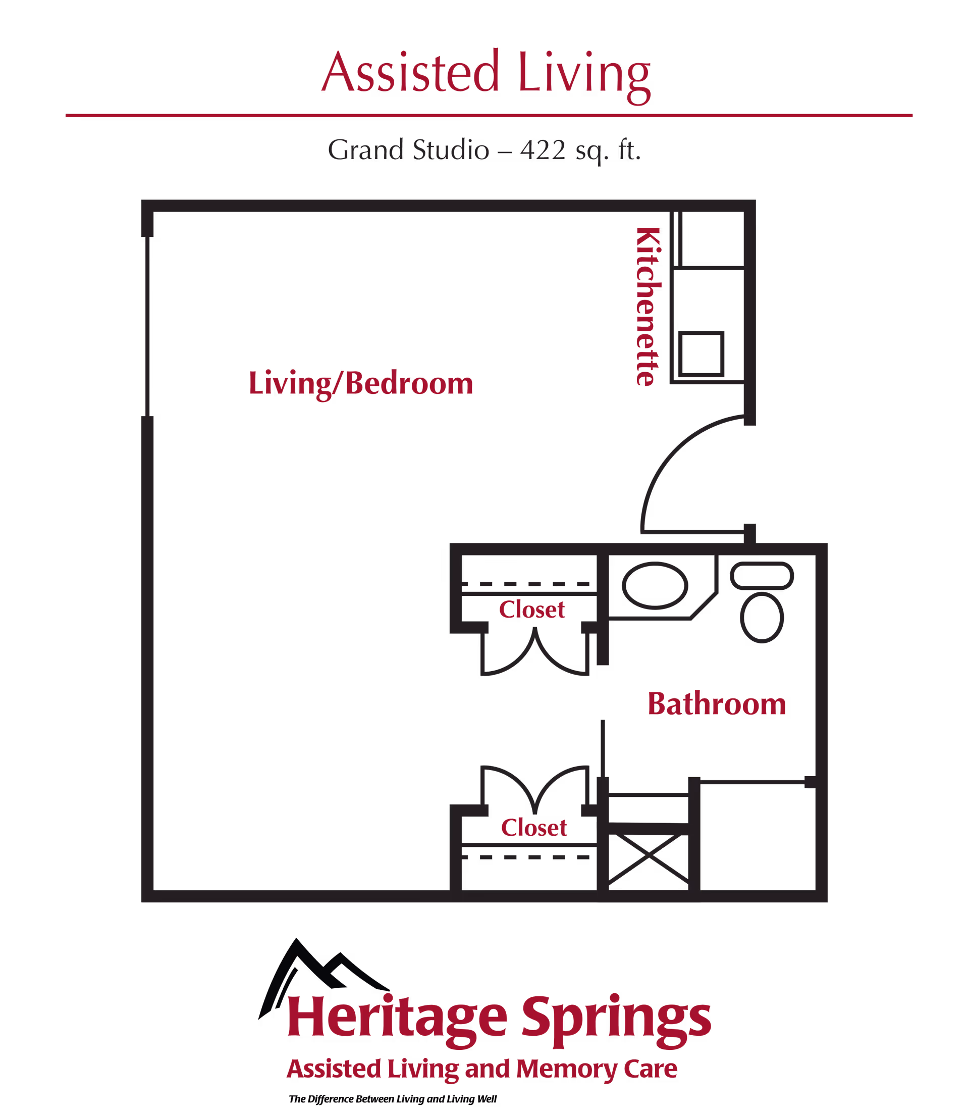 Floor plan of a Grand Studio assisted living unit at Heritage Springs Assisted Living and Memory Care, showing a combined living and bedroom area, kitchenette, bathroom, and two closets, covering 422 square feet.