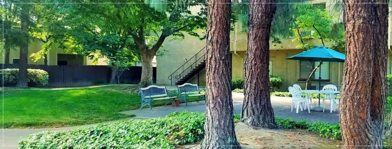 Outdoor patio area at Leisure Manor Apartments with green grass, tall trees, two benches, a table with white chairs, and a blue umbrella providing shade.