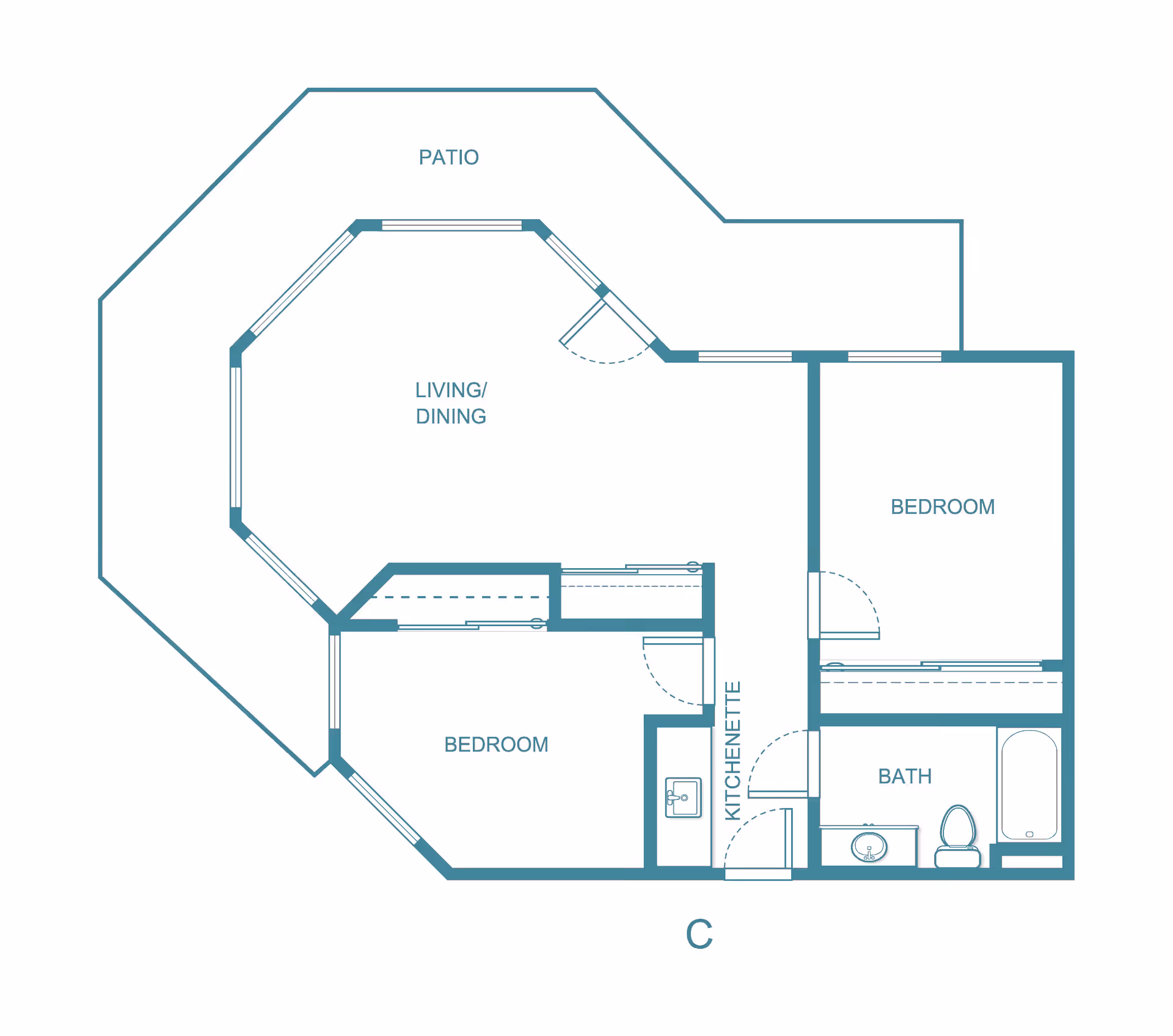 Floor plan of a living space at Solista Orem showing a patio, living/dining area, two bedrooms, a kitchenette, and a bathroom with a bathtub, toilet, and sink.