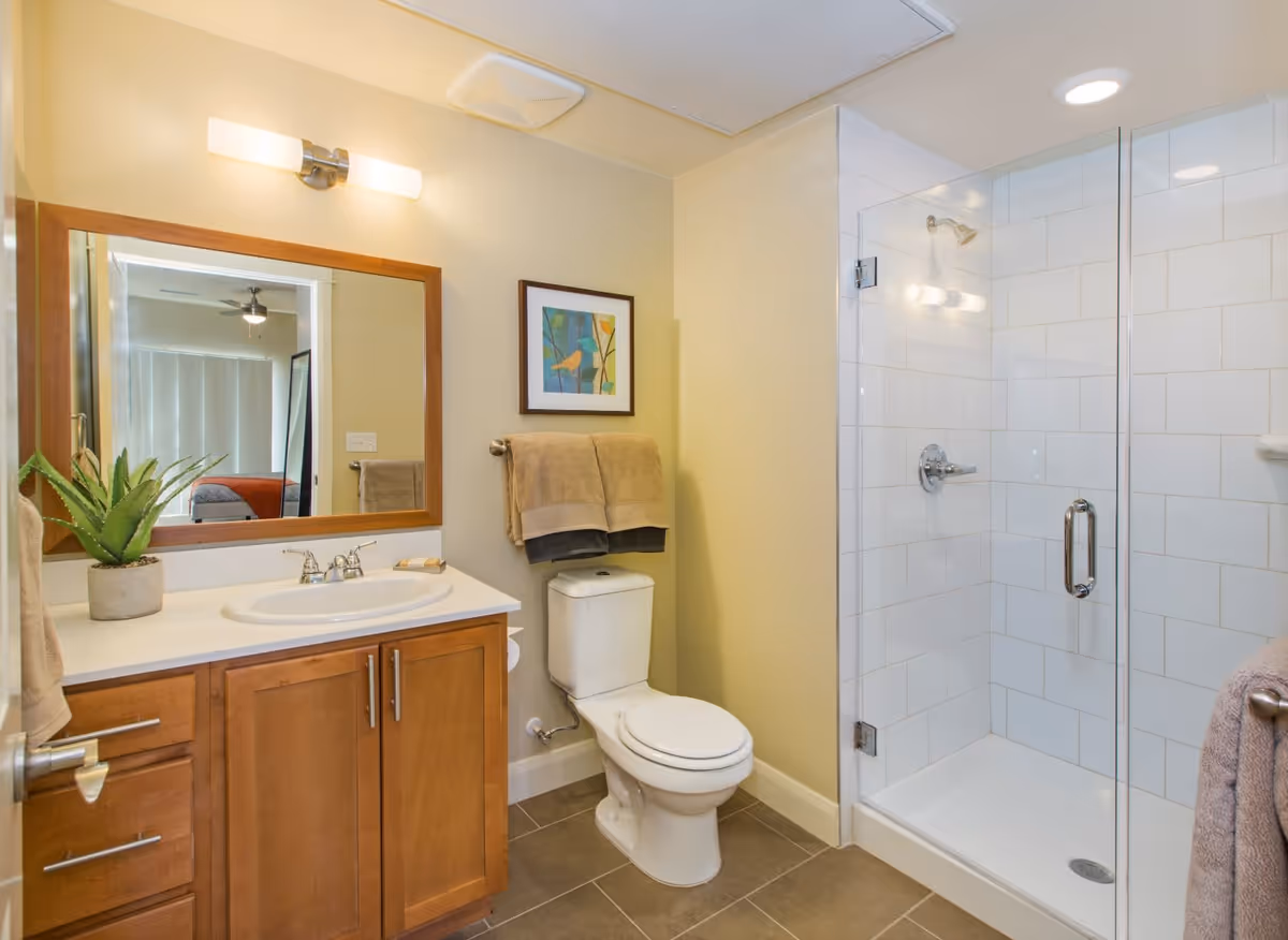 A clean and modern bathroom featuring a wooden vanity with a white sink and a potted plant, a large mirror above the sink, a toilet with two beige towels hanging on a rack above it, and a glass-enclosed shower with white tiled walls.