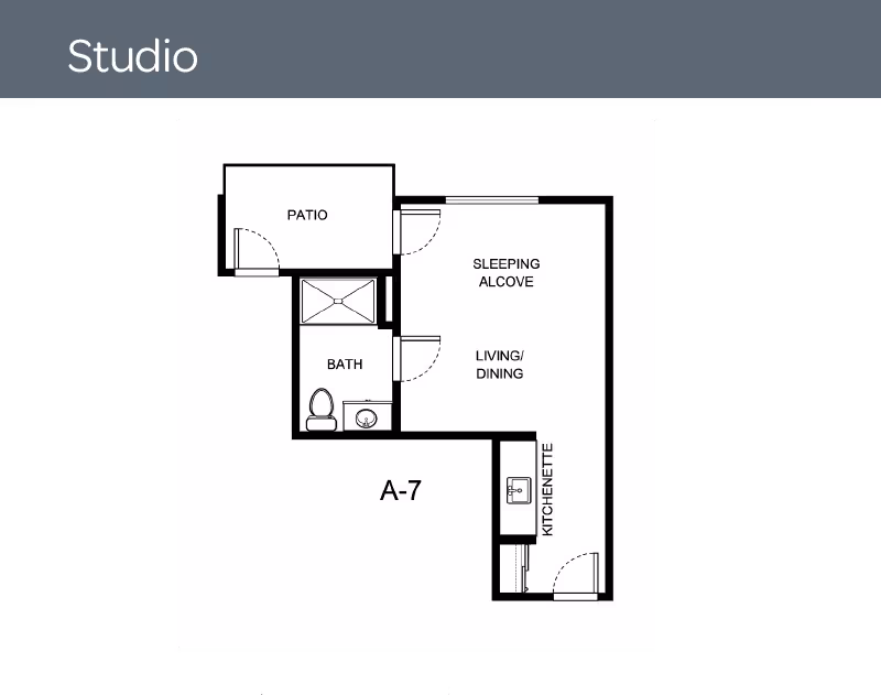 Floor plan of a studio apartment labeled A-7 showing a patio, bath with toilet and sink, sleeping alcove, living/dining area, and kitchenette.
