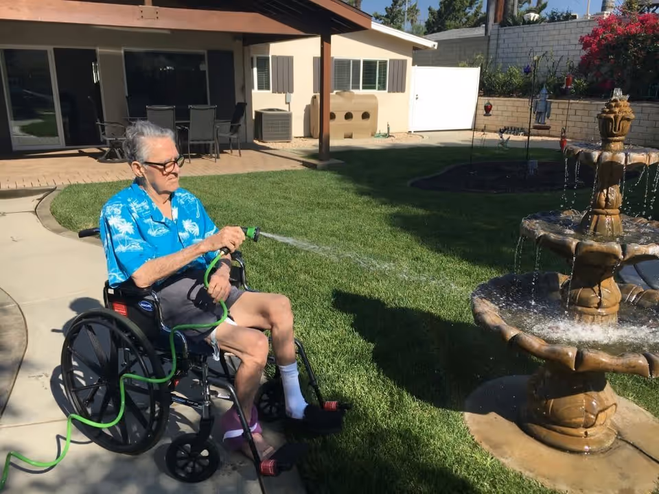 An elderly man in a wheelchair wearing a blue Hawaiian shirt and shorts is watering a three-tiered stone fountain in a sunny backyard with green grass and a patio area.