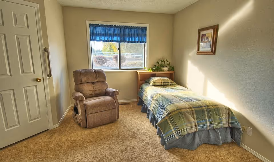 Small bedroom with a single bed, a recliner chair, a window with a blue valance, and a nightstand with a plant.