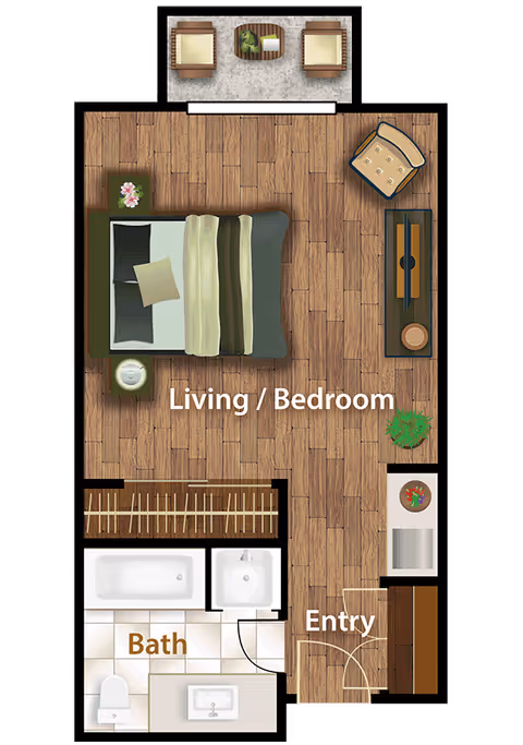 Floor plan of a retirement community unit labeled The Broadmoor Retirement Community, showing a combined living and bedroom area with a bed, chair, TV stand, and small table with two chairs on a balcony. There is an entry area with a small kitchenette and a bathroom with a bathtub, sink, and toilet.