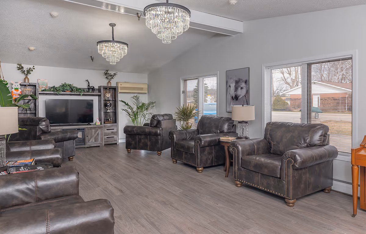 A spacious living room with multiple dark brown leather armchairs arranged around a large flat-screen TV on a wooden entertainment center. The room features two crystal chandeliers, large windows with blinds, indoor plants, a side table with a lamp, and a framed picture of horses on the wall. The floor is covered with light wood laminate.