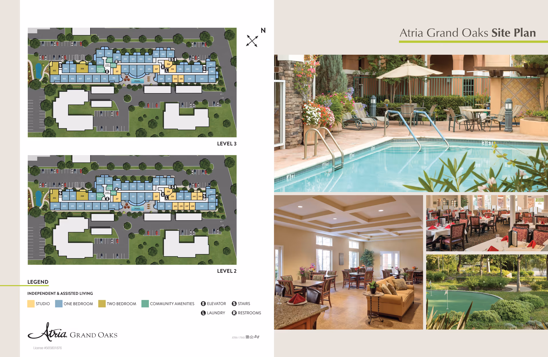 Atria Grand Oaks site plan showing floor layouts for levels 2 and 3 with color-coded units for studio, one bedroom, two bedroom, and community amenities. The right side features photos of an outdoor swimming pool with lounge chairs and tables, a dining room with set tables and chairs, a cozy living room with seating and dining area, and a landscaped outdoor area with greenery and a putting green.