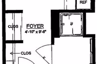 Black-and-white floor plan fragment showing a foyer labeled with dimensions, closets, and adjacent rooms.