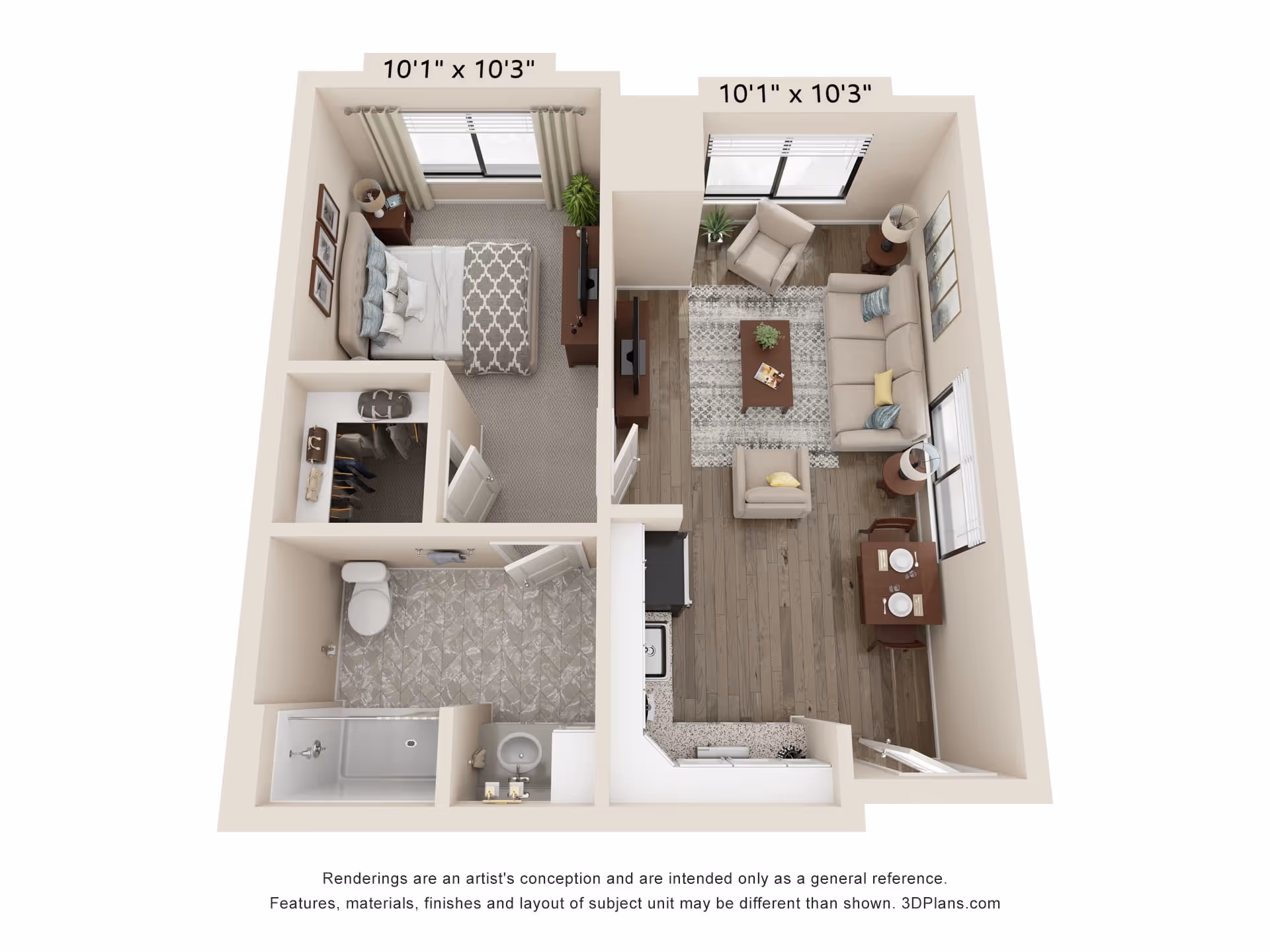 3D floor plan of a small apartment unit featuring a bedroom with a bed, nightstand, and closet; a bathroom with a shower, toilet, and sink; and a living room area with a sofa, two chairs, coffee table, TV, dining table with two chairs, and a kitchen with appliances.