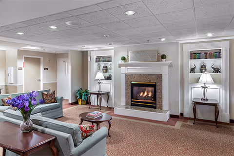 A cozy living room area with two light blue sofas arranged around a round wooden coffee table. There is a fireplace with a lit fire in the center of the wall, flanked by built-in shelves holding books, decorative items, and lamps. The room has a carpeted floor and a drop ceiling with recessed lighting.