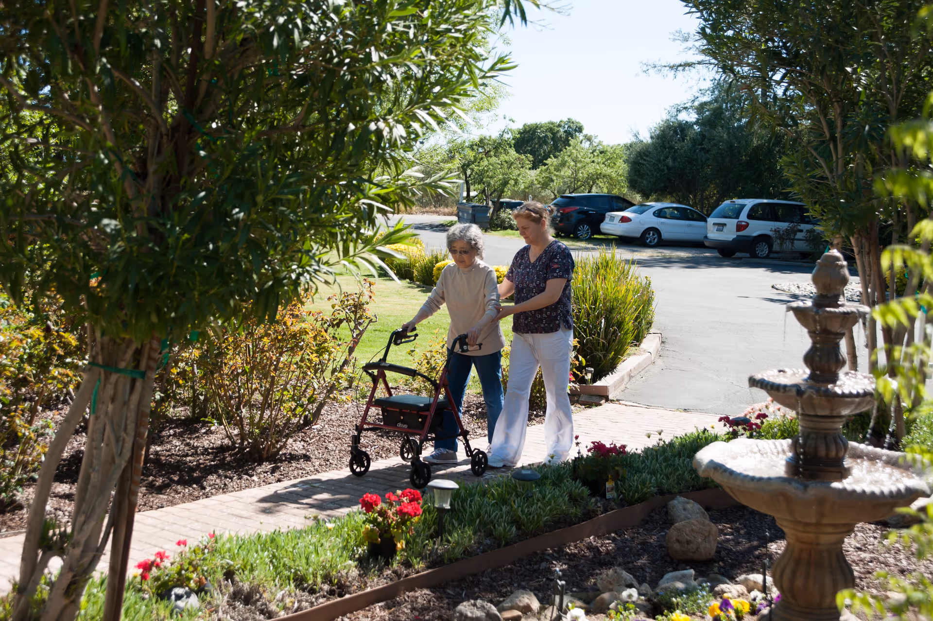 An elderly woman using a walker is being assisted by a caregiver as they walk along a paved garden path surrounded by greenery and flowers. There is a water fountain on the right side and parked cars in the background under a clear sky.