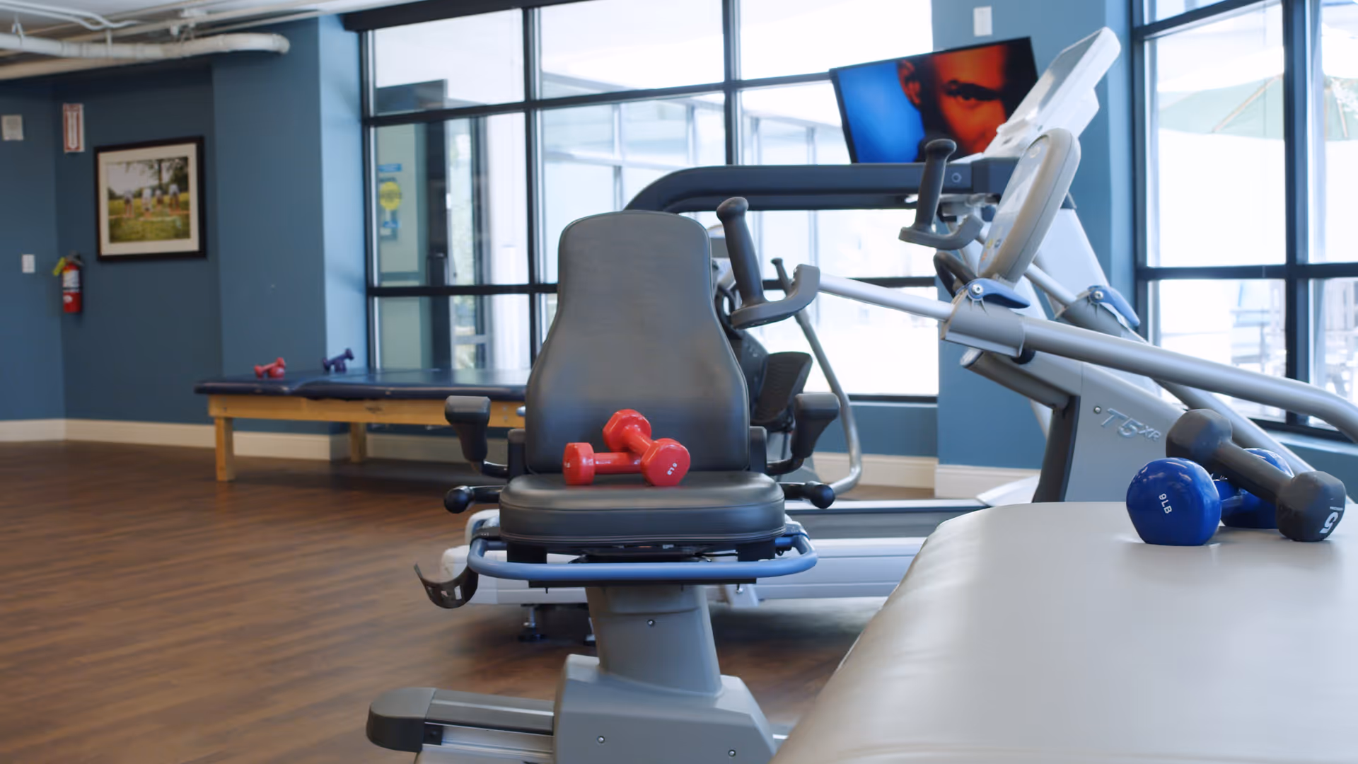 Exercise room with a recumbent bike, treadmills, and dumbbells in front of large windows.