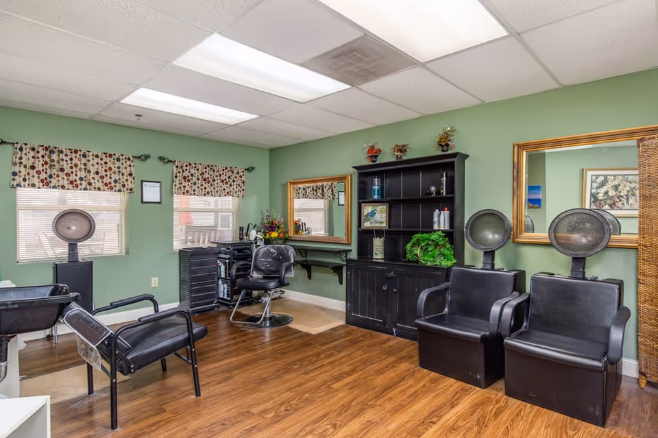 Interior hair salon with styling chairs, hooded dryers, mirrors, and a storage cabinet against green walls.