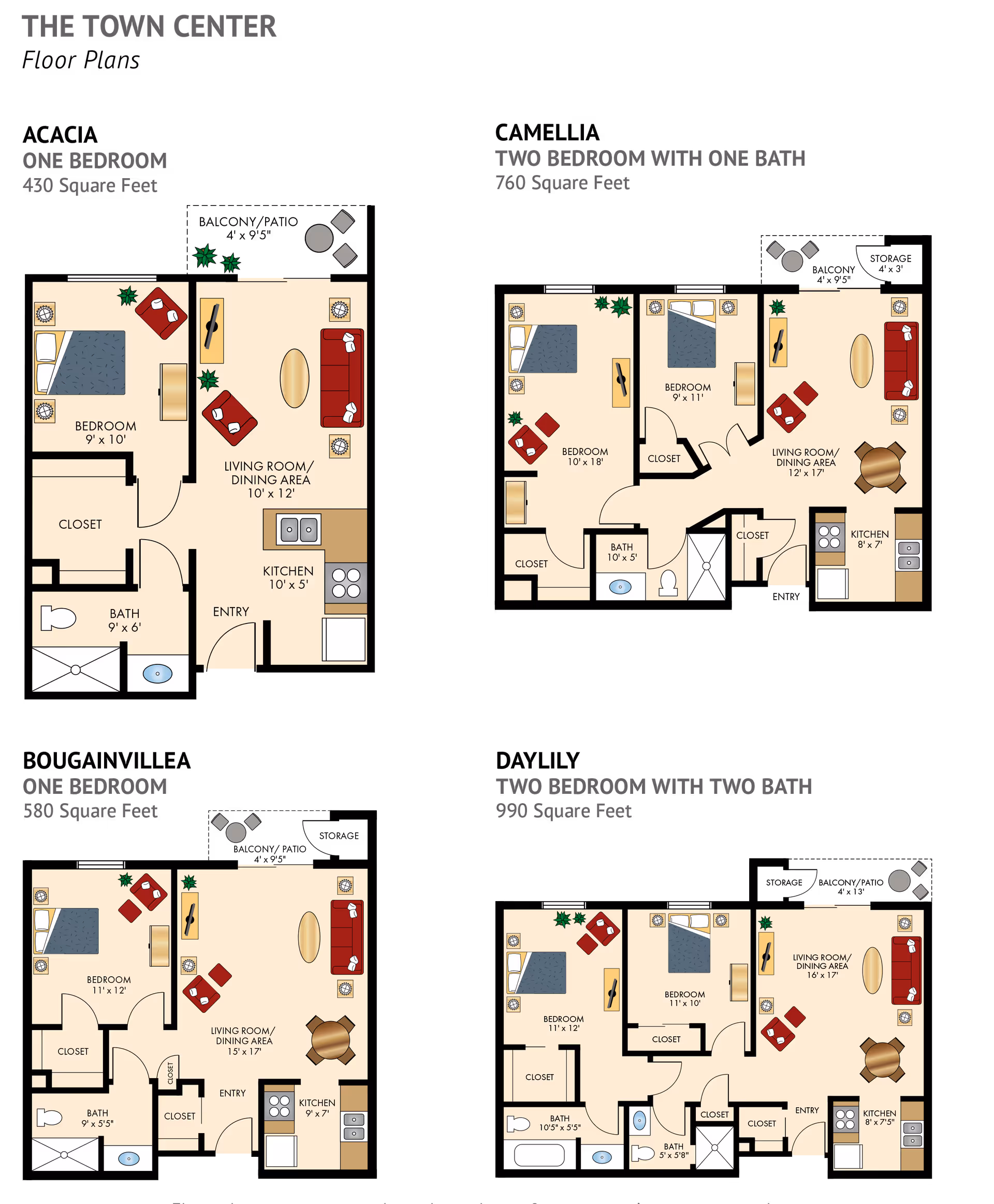 Floor plans for The Town Center at The Fountains at La Cholla showing four apartment layouts: One Bedroom (430 sq ft) with bedroom, closet, bath, kitchen, and living/dining area; Two Bedroom with One Bath (760 sq ft) with two bedrooms, closets, one bath, kitchen, and living/dining area; One Bedroom (580 sq ft) with bedroom, two closets, bath, kitchen, and living/dining area; and Two Bedroom with Two Bath (990 sq ft) with two bedrooms, multiple closets, two baths, kitchen, and living/dining area. Each layout includes furniture and plants for visualization.