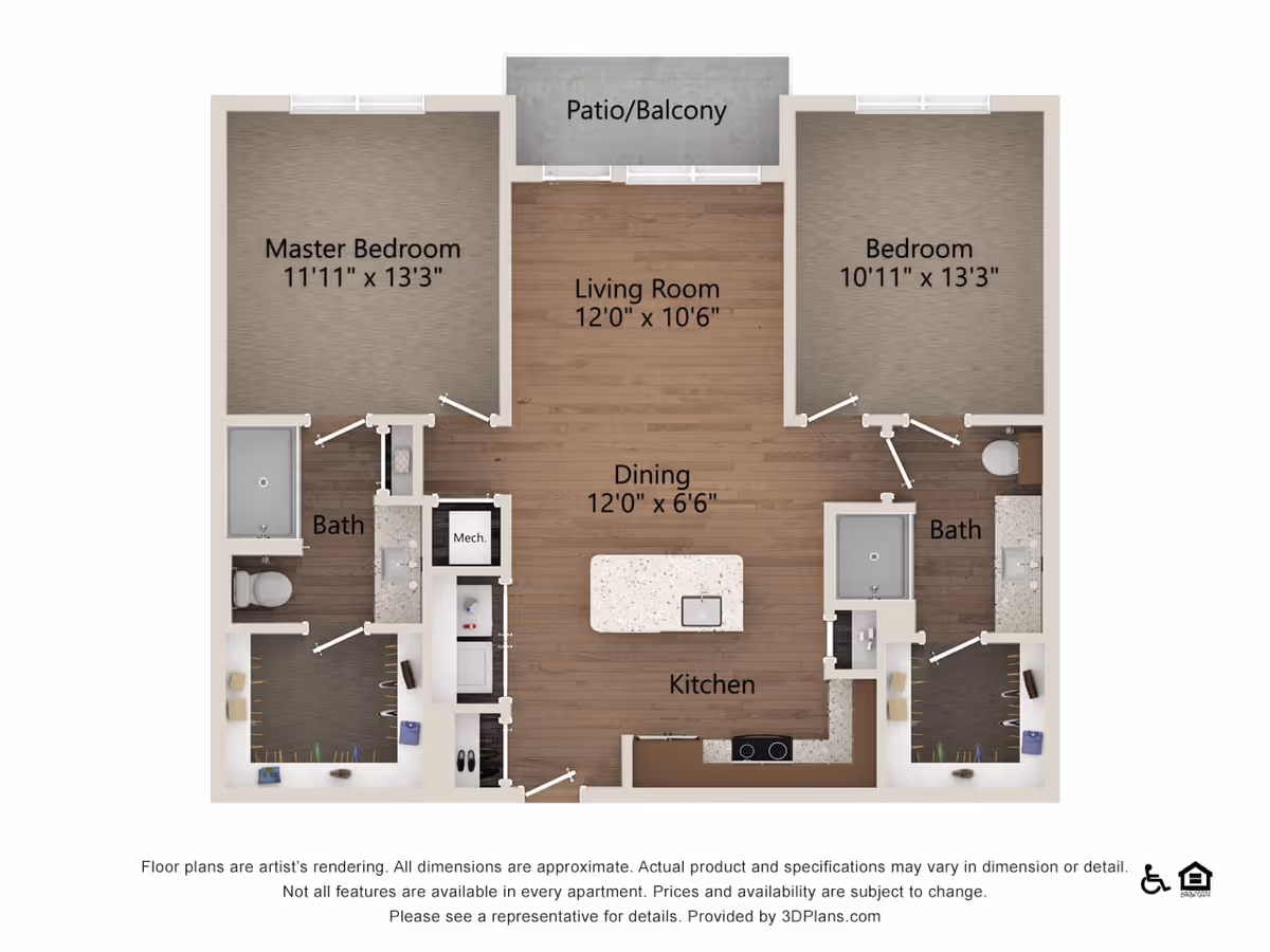 Floor plan of a two-bedroom apartment featuring a master bedroom measuring 11'11" x 13'3", a second bedroom measuring 10'11" x 13'3", two bathrooms, a living room measuring 12'0" x 10'6", a dining area measuring 12'0" x 6'6", a kitchen with an island, and a patio/balcony. The layout includes closets and mechanical spaces.