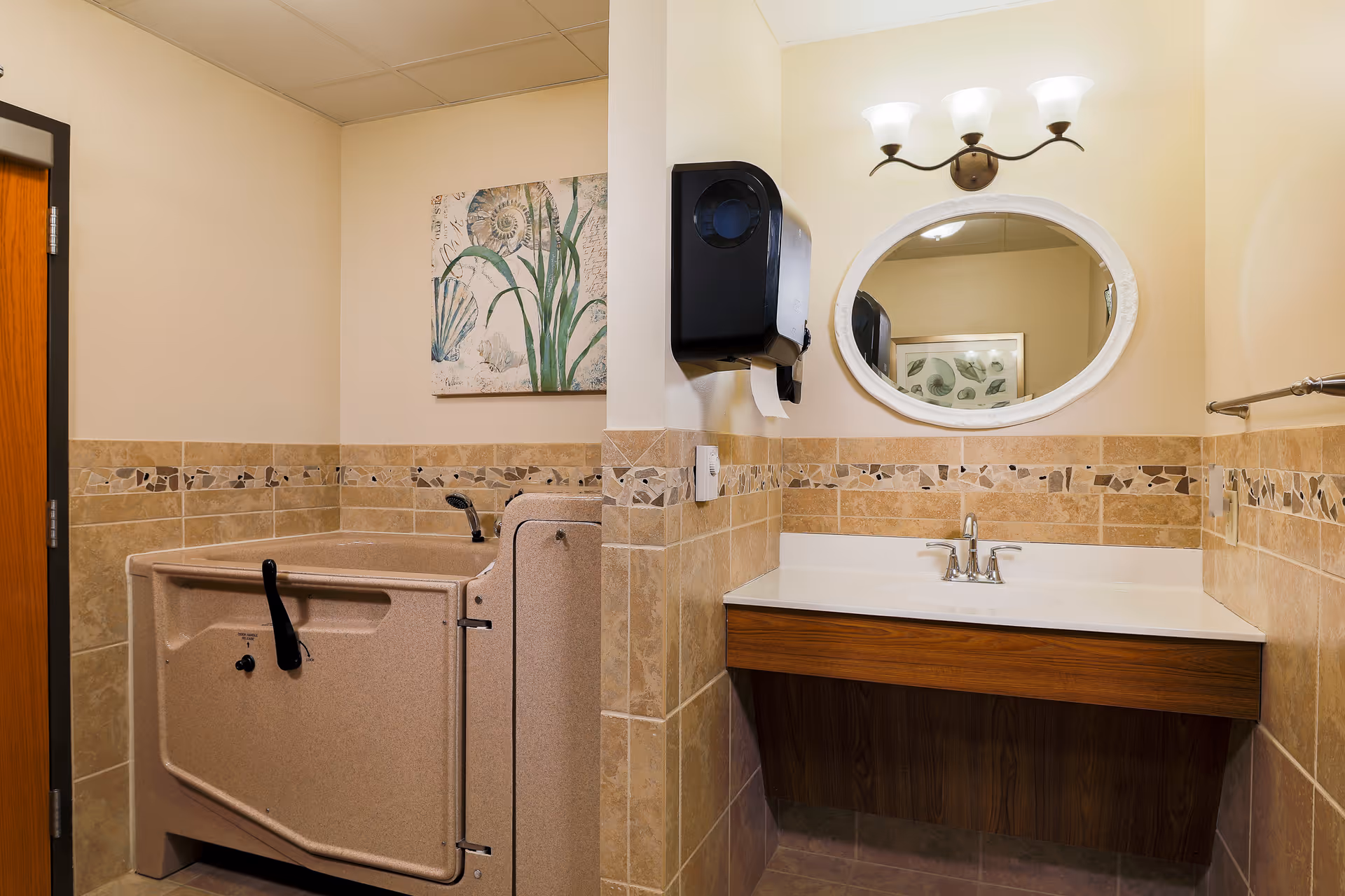 Accessible bathroom featuring a walk-in bathing tub, vanity sink with oval mirror, and tiled walls.