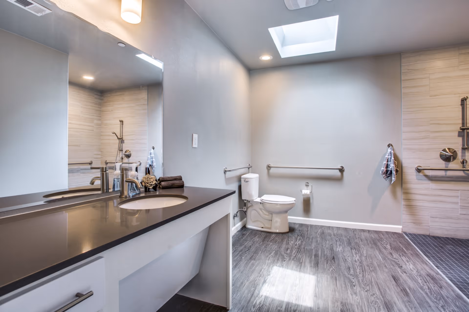 A modern bathroom with a large mirror above a dark countertop sink, a white toilet with grab bars on the walls, and a walk-in shower area with a handheld showerhead. The room has light gray walls, wood-look flooring, and a skylight providing natural light.