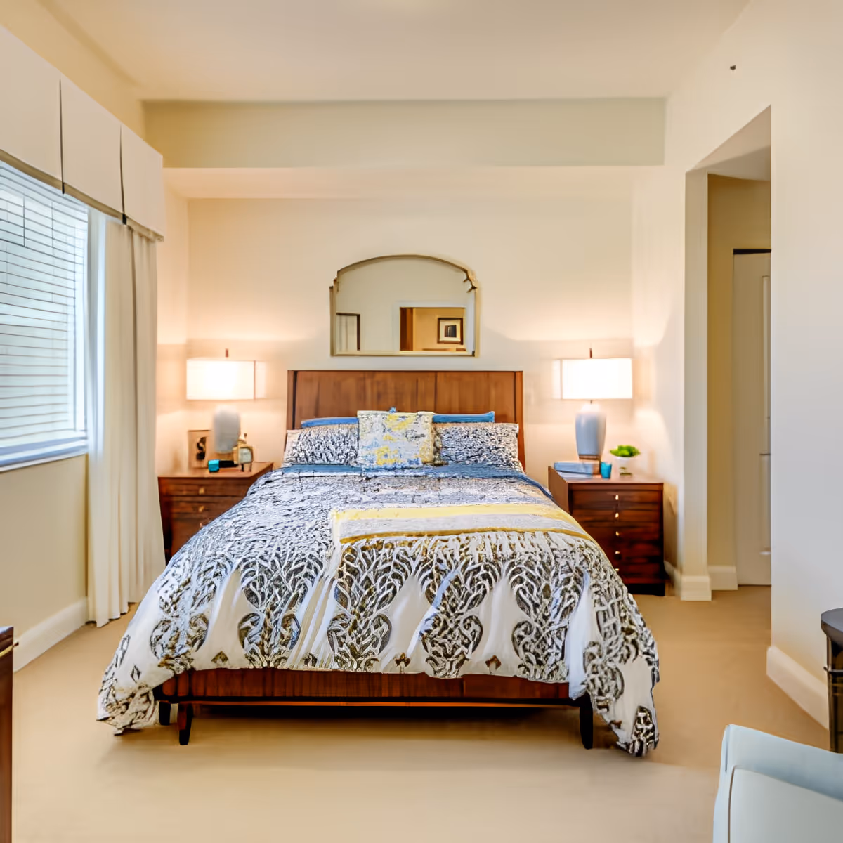 A neatly made bed with a patterned comforter and decorative pillows in a bright bedroom. The bed has a wooden headboard and is flanked by two wooden nightstands, each with a lamp. A window with blinds and curtains is on the left side of the room, and a mirror hangs on the wall above the headboard. The room has light-colored walls and carpeted flooring.