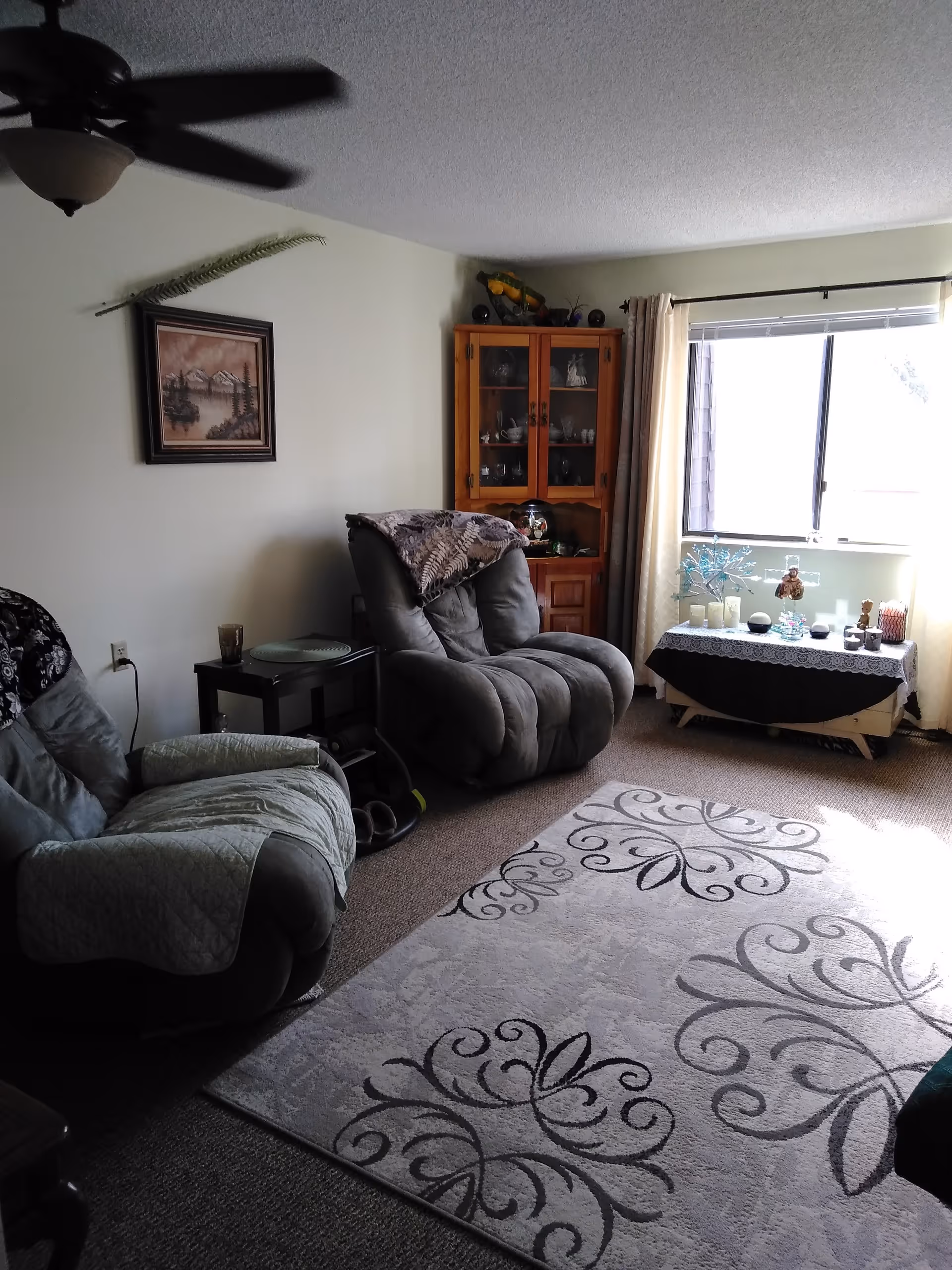 A cozy living room with two gray recliner chairs, a small side table, a wooden cabinet with glass doors, a window with curtains letting in natural light, and a decorative rug with floral patterns on the carpeted floor.