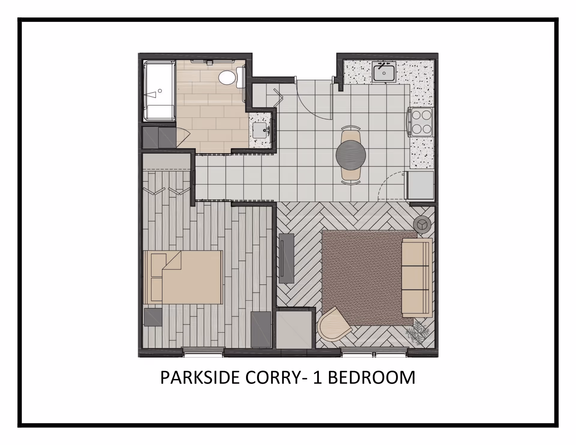 Floor plan of a one-bedroom apartment at Parkside Corry showing a bedroom with a bed and closet, a bathroom with a bathtub, toilet, and sink, a kitchen with a stove, sink, and small dining table, and a living room area with a sofa, chair, TV, and rug.