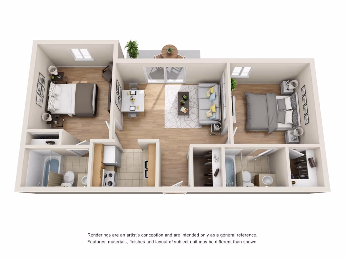 3D floor plan of a two-bedroom apartment featuring two bedrooms, two bathrooms, a kitchen, and a living room with a dining area and access to a small balcony with outdoor seating.