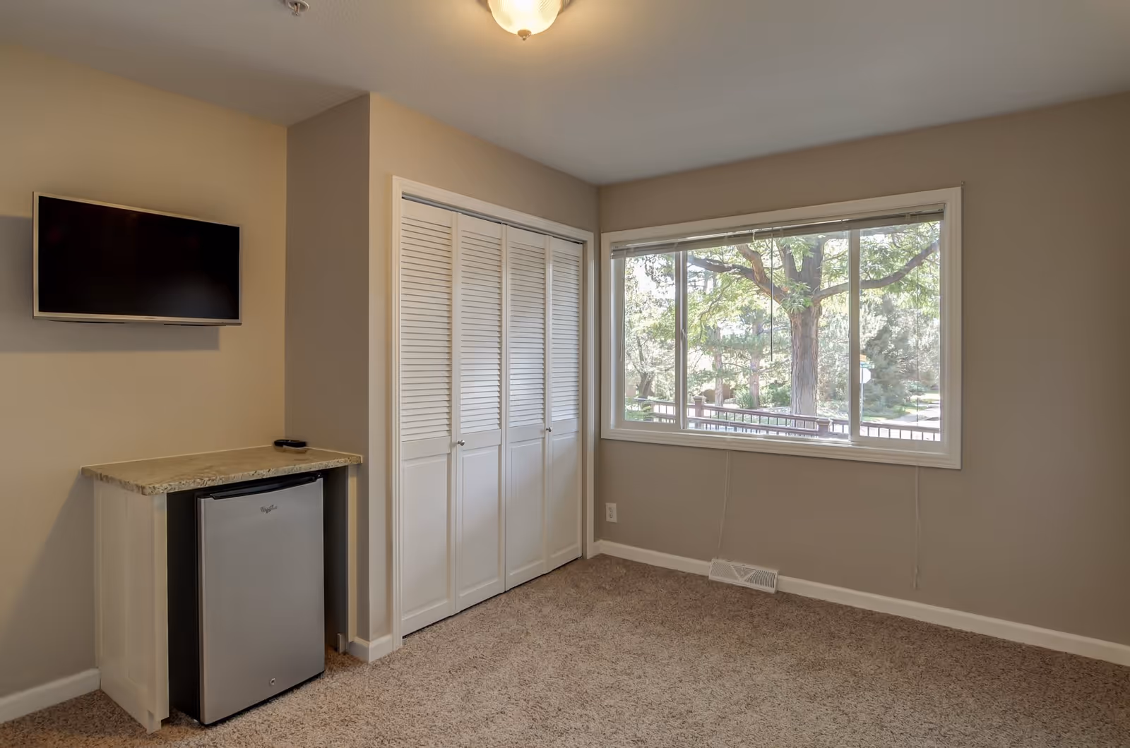 A small room with beige walls and carpeted floor featuring a wall-mounted flat screen TV above a small counter with a mini refrigerator underneath. There is a large window with a view of trees outside and a white closet with louvered doors.