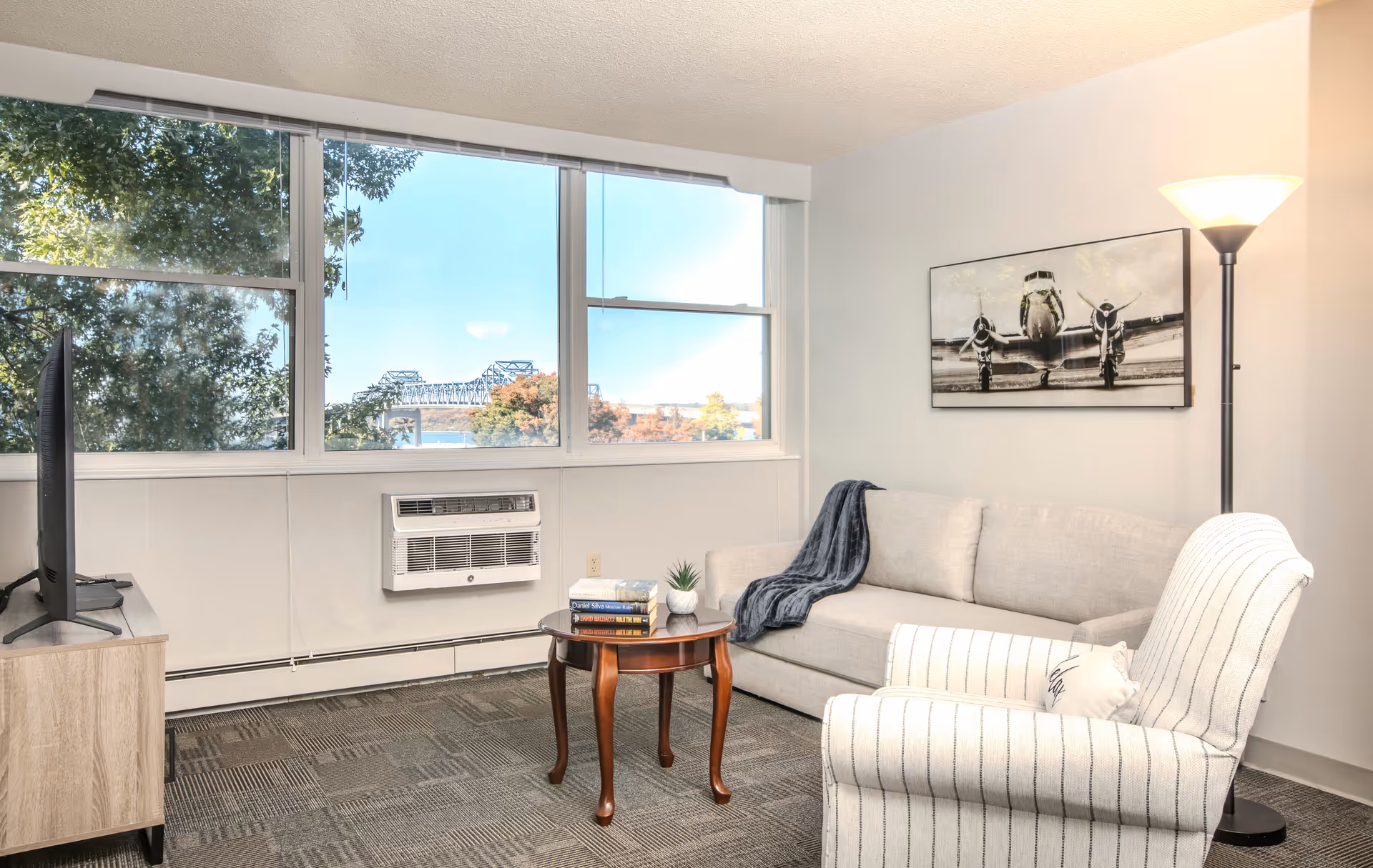 A bright living room with a large window showing a view of trees and a bridge. The room has a beige sofa with a dark throw blanket, a striped armchair with a small pillow, a wooden round coffee table with books and a small plant, a floor lamp, and a TV on a wooden stand.