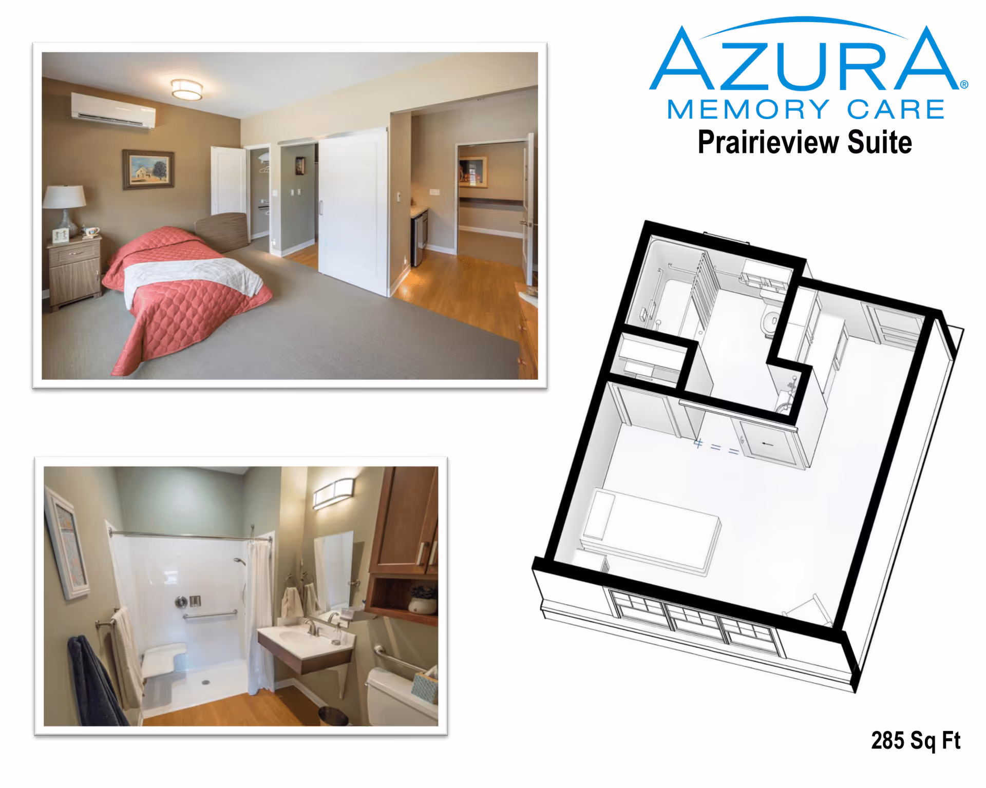 Composite image showing a bedroom with a bed, nightstand, and closet; a bathroom with a shower, sink, and toilet; and a 3D floor plan layout of the Prairiewiew Suite at Azura Memory Care, covering 285 square feet.