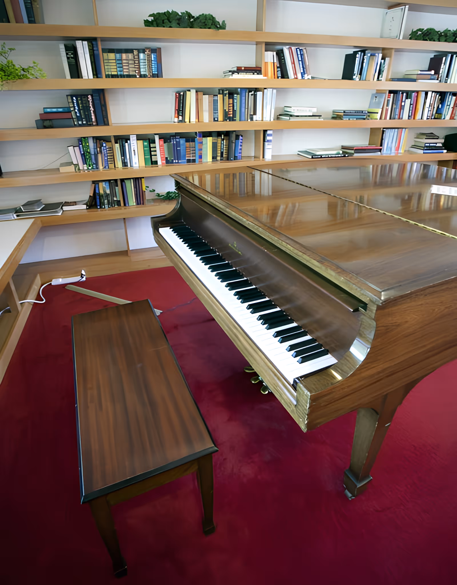 A grand piano and bench on a red carpet in a room with built-in bookshelves filled with books.