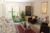 Bright living room with floral sofa, armchair, glass coffee table, plants, and a window.