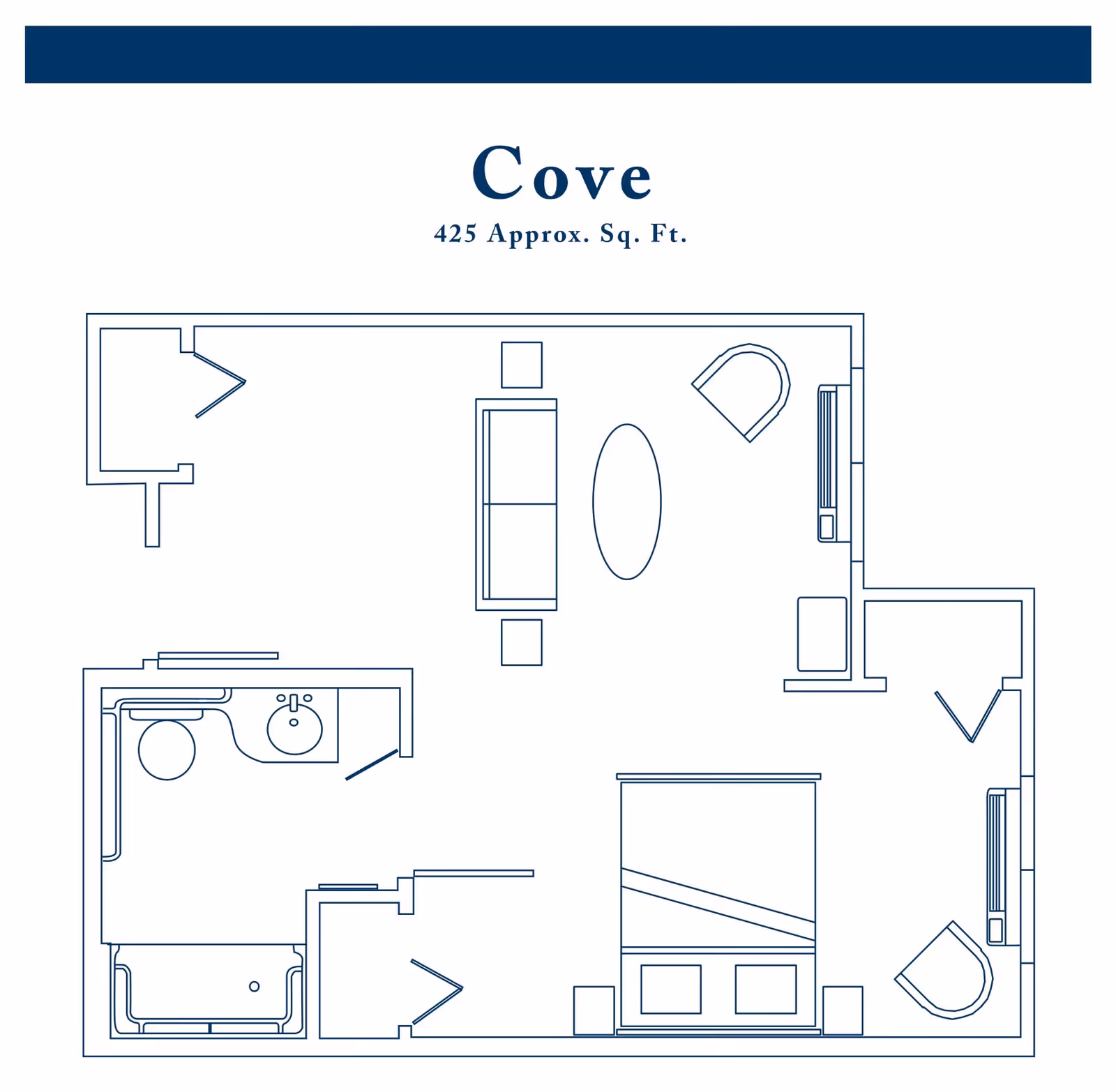 Floor plan labeled 'Cove' showing an approximately 425 square feet layout with a combined living and sleeping area, a bathroom, and furniture including a bed, sofa, chairs, and tables.