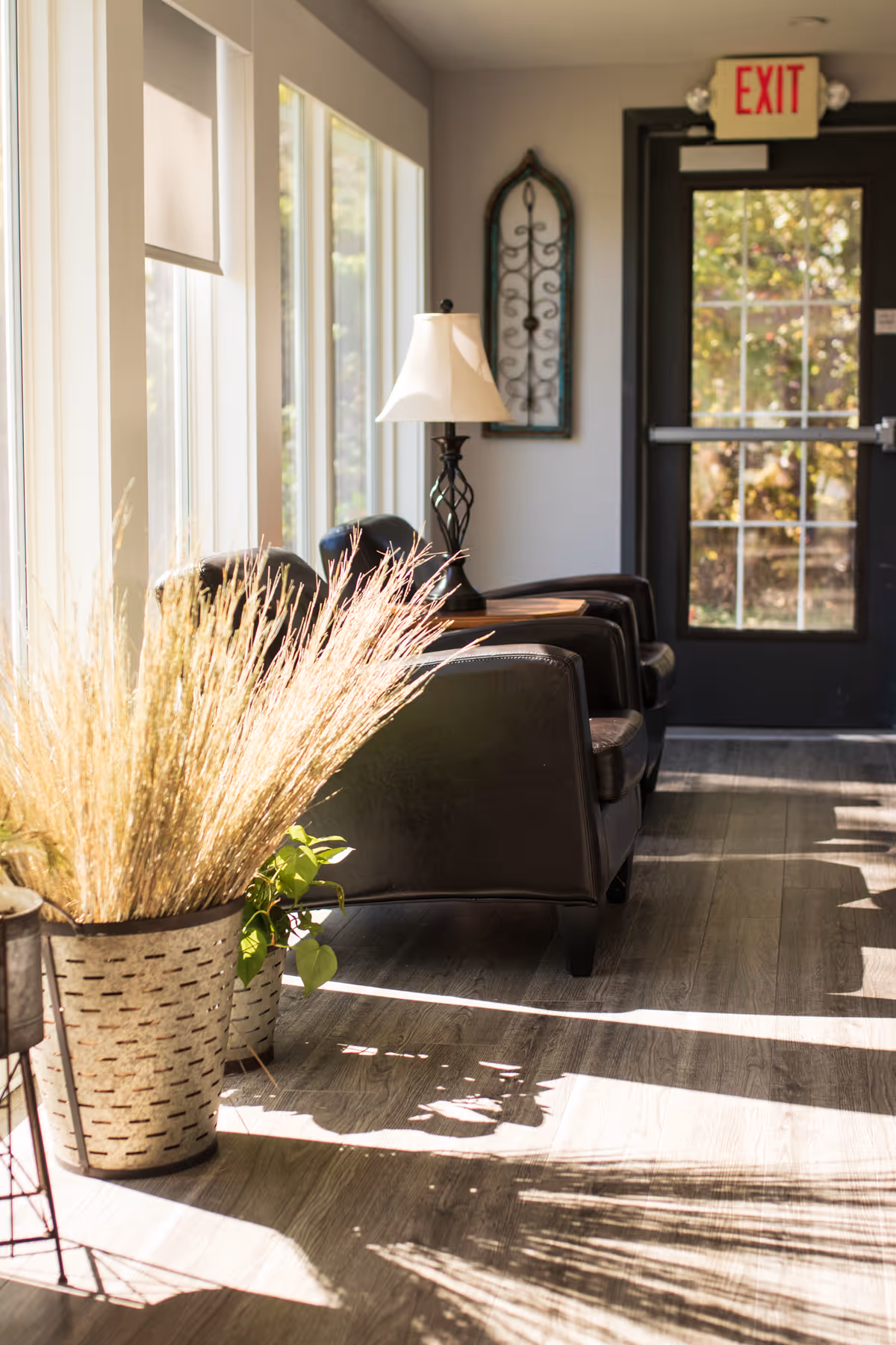 Sunlit interior seating area with leather chairs by large windows, a table lamp, potted plants, and an exit door.
