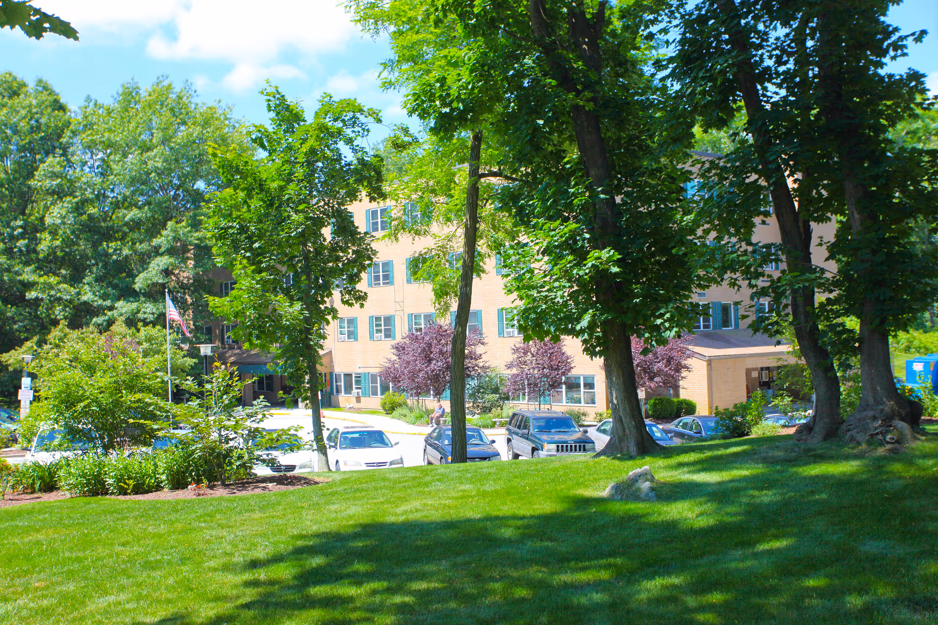 View of a multi-story brick building partially obscured by tall trees and greenery. Several cars are parked in front of the building, and a well-maintained grassy area with shadows from the trees is in the foreground under a blue sky with some clouds.